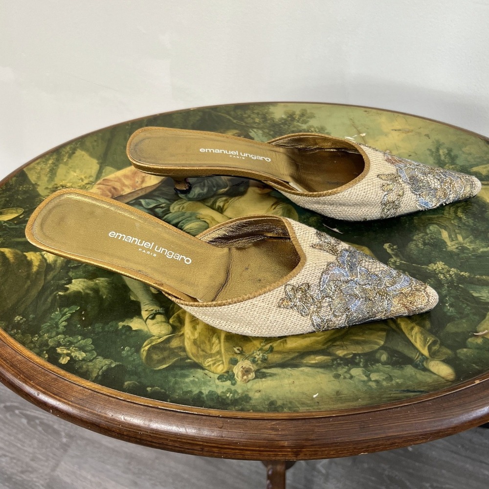 Vintage Emanuel Ungaro Embroidered Pointed Toe Mules Size 8.5